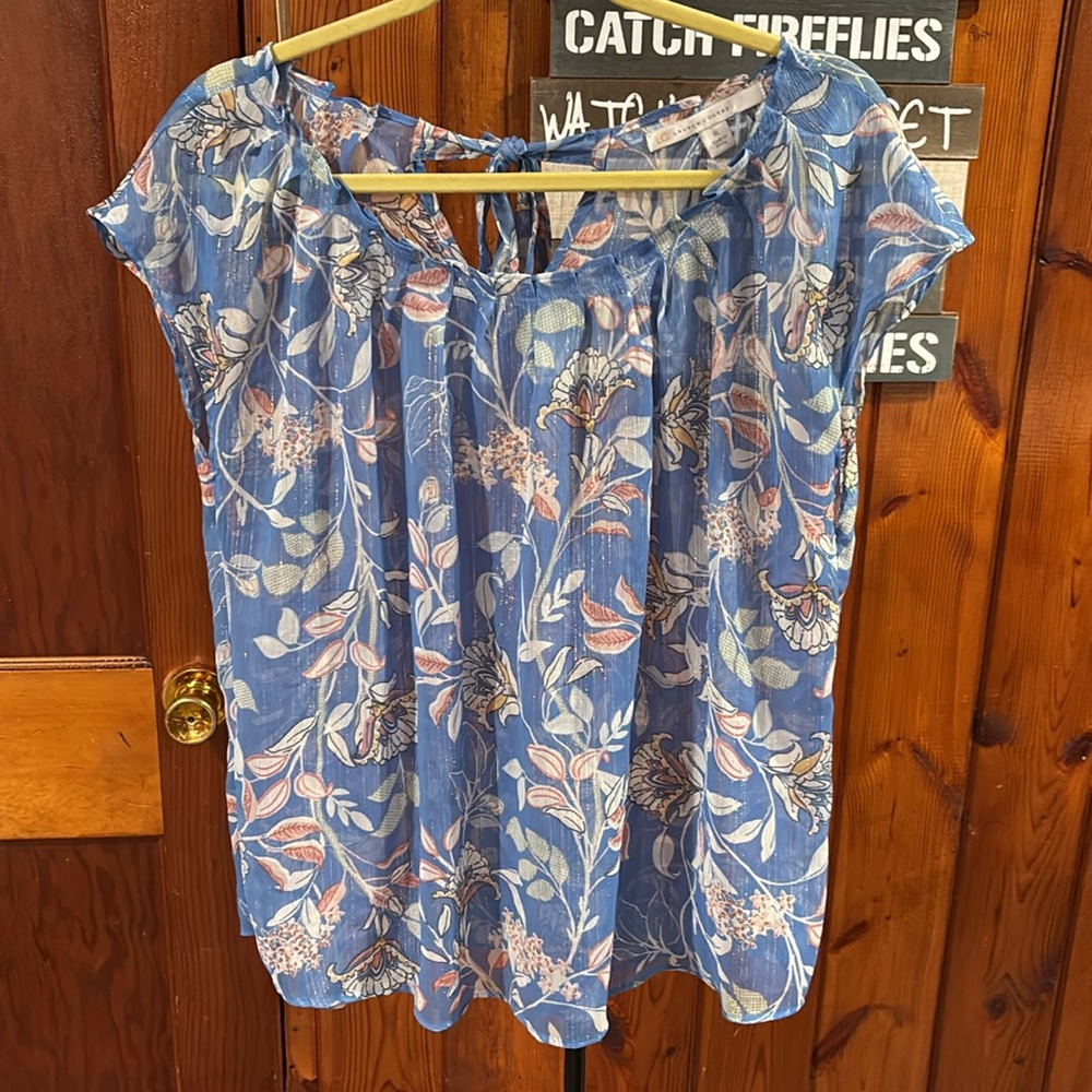 LC Lauren Conrad Icy Blue Floral Top Scallop Tie XL Sheer Cottagecore Laguna Bea